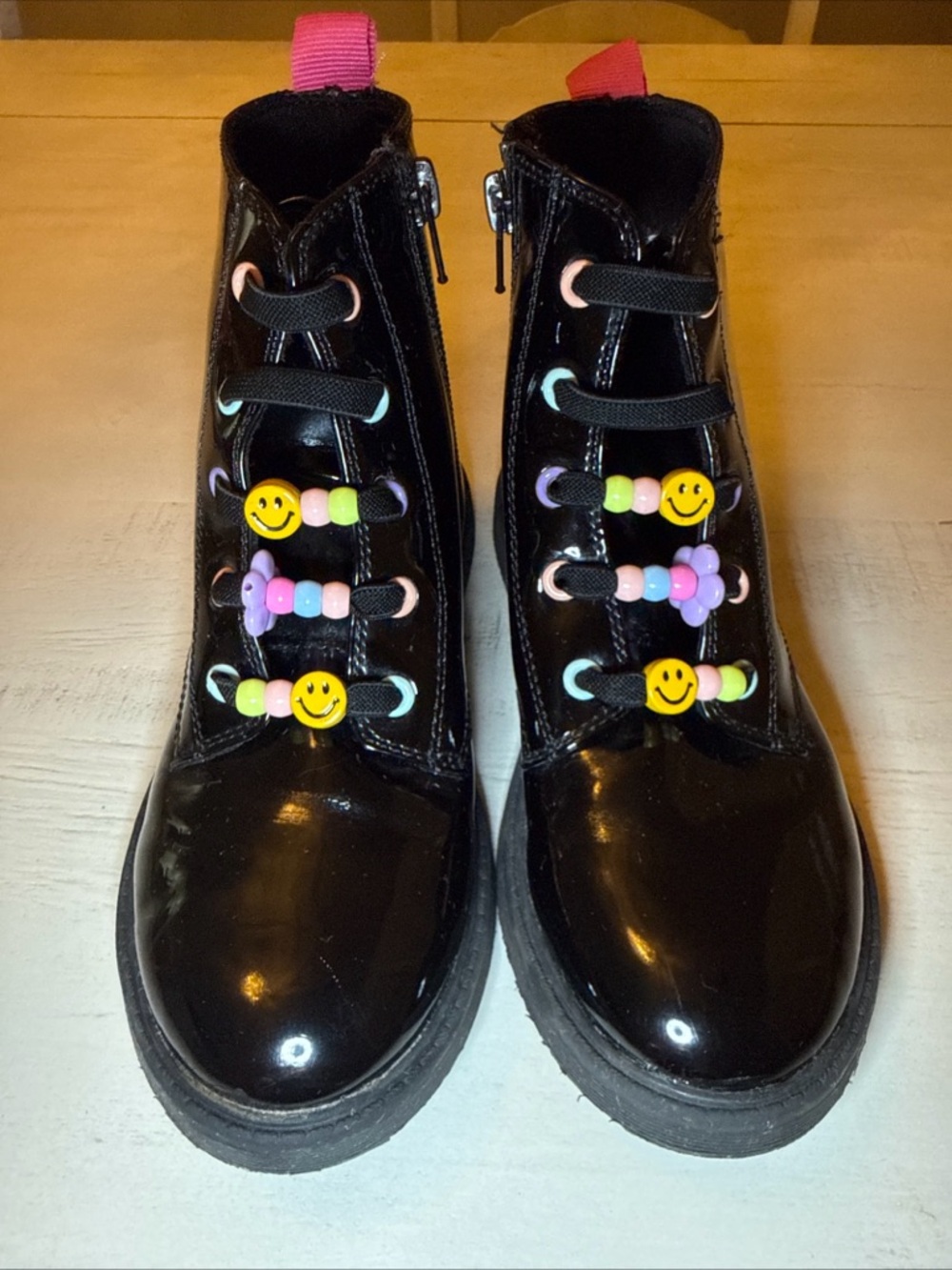 Tucker + Tate Girls Combat Boots Size 2 Black Patent Lace-Up Side Zip